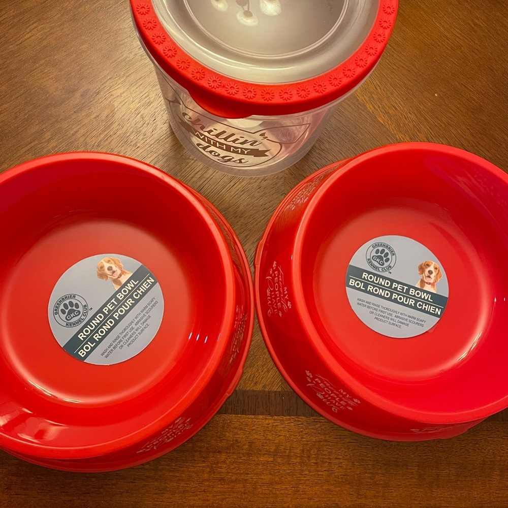 New 9” dog bowls(2) and medium size pet food jar